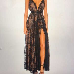 Michael Costello Black/Tan Laced Ballgown Dress.